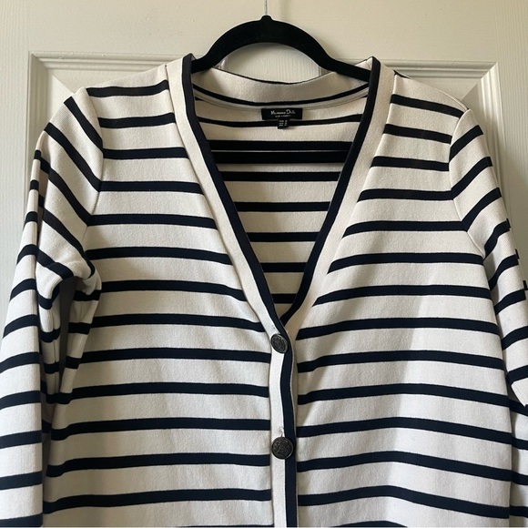 Massimo Dutti Button Front Cardigan Women M V Neck Striped Cotton Cream Black - Picture 5 of 15